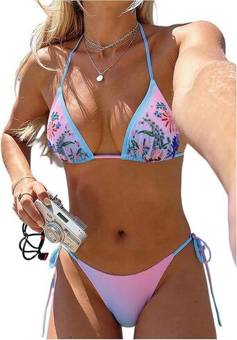 Milumia Women's 2 Piece Floral Bikini Set T Ropical Beaded Halter String Triangle Swimsuits Swimwear in Kuwait