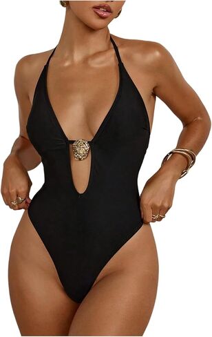 Milumia Women's One Piece Metal Cut Out Halter Swimsuit Sexy Deep V Neck Open Back Swimwear in Kuwait