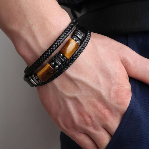 Mens Bracelet, Black Leather Bracelet for Men, Stone Charm Layered Bracelets, Mens Jewelry Men's Fashion Personalized Birthday Gifts for Men, Black in Saudi Arabia