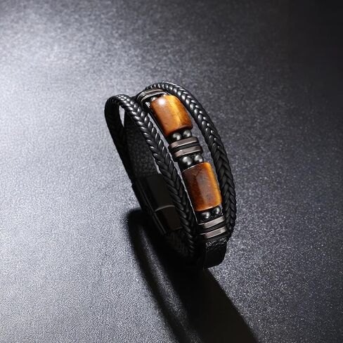Mens Bracelet, Black Leather Bracelet for Men, Stone Charm Layered Bracelets, Mens Jewelry Men's Fashion Personalized Birthday Gifts for Men, Black in Saudi Arabia
