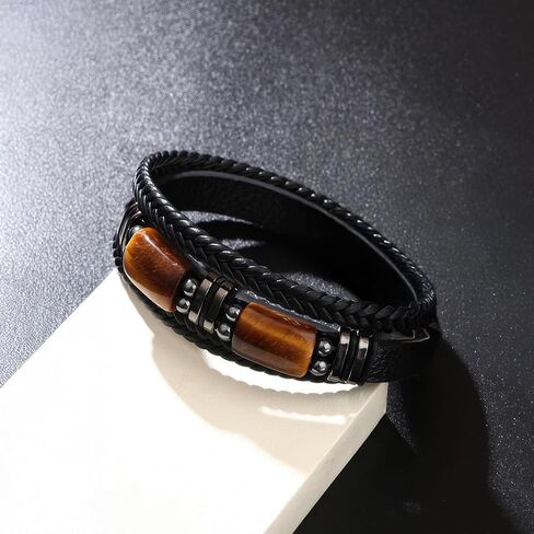 Mens Bracelet, Black Leather Bracelet for Men, Stone Charm Layered Bracelets, Mens Jewelry Men's Fashion Personalized Birthday Gifts for Men, Black in Saudi Arabia