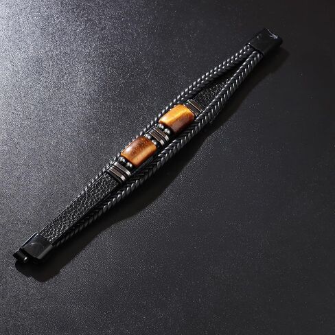 Mens Bracelet, Black Leather Bracelet for Men, Stone Charm Layered Bracelets, Mens Jewelry Men's Fashion Personalized Birthday Gifts for Men, Black in Saudi Arabia