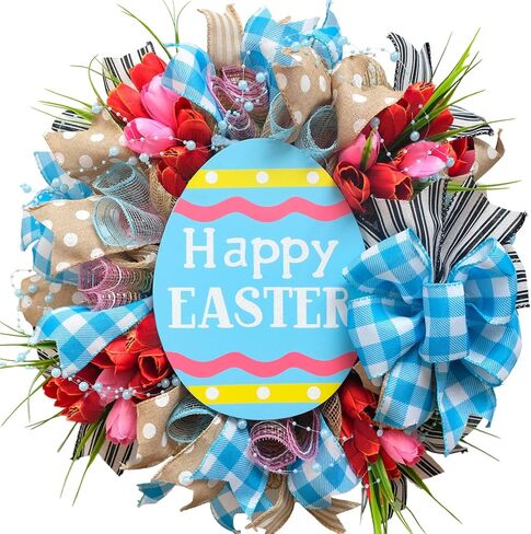 18" Easter Mesh Wreath for Front Door Artificial Flower Wreath with Happy Easter Wooden Board Bows for Spring Farmhouse Holiday Hanging on Home Indoor Outdoor Front Door Wall Decorations in Saudi Arabia