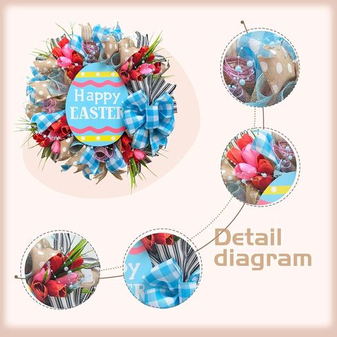 18" Easter Mesh Wreath for Front Door Artificial Flower Wreath with Happy Easter Wooden Board Bows for Spring Farmhouse Holiday Hanging on Home Indoor Outdoor Front Door Wall Decorations in Saudi Arabia
