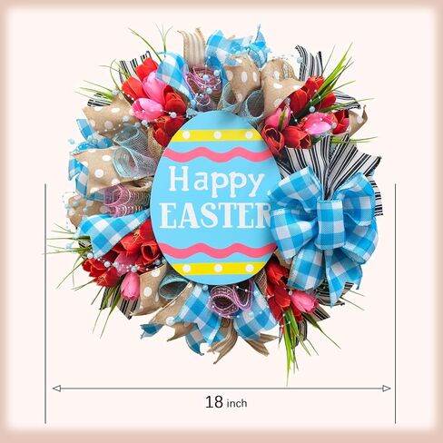 18" Easter Mesh Wreath for Front Door Artificial Flower Wreath with Happy Easter Wooden Board Bows for Spring Farmhouse Holiday Hanging on Home Indoor Outdoor Front Door Wall Decorations in Saudi Arabia