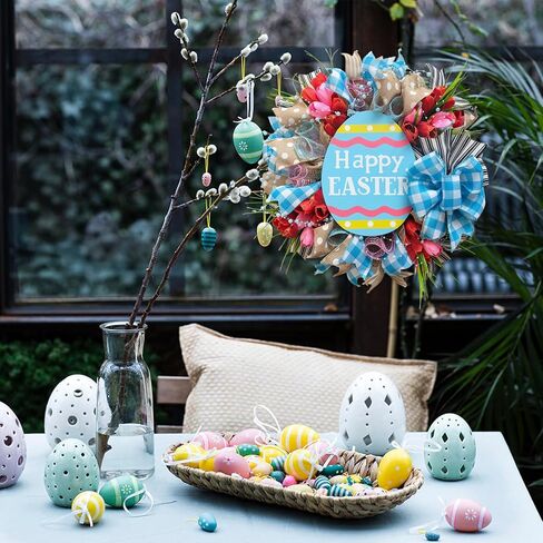 18" Easter Mesh Wreath for Front Door Artificial Flower Wreath with Happy Easter Wooden Board Bows for Spring Farmhouse Holiday Hanging on Home Indoor Outdoor Front Door Wall Decorations in Saudi Arabia