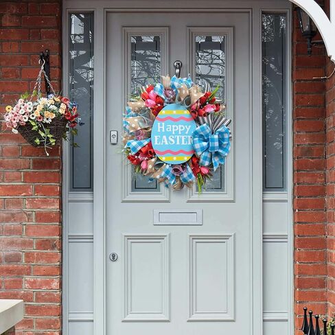 18" Easter Mesh Wreath for Front Door Artificial Flower Wreath with Happy Easter Wooden Board Bows for Spring Farmhouse Holiday Hanging on Home Indoor Outdoor Front Door Wall Decorations in Saudi Arabia