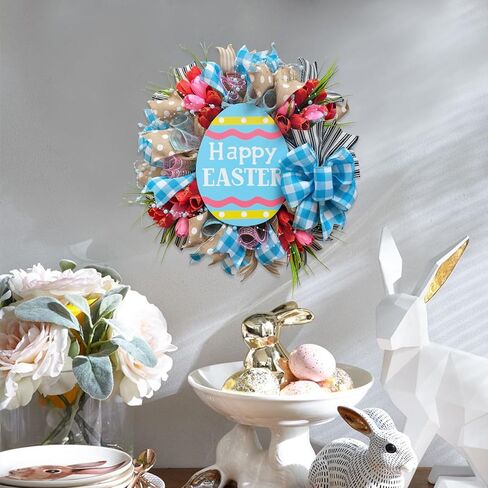 18" Easter Mesh Wreath for Front Door Artificial Flower Wreath with Happy Easter Wooden Board Bows for Spring Farmhouse Holiday Hanging on Home Indoor Outdoor Front Door Wall Decorations in Saudi Arabia