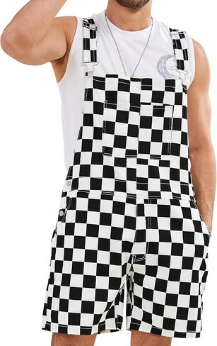 Shorts Overalls for Men Checkered Rompers Work Jumpsuits Stretchy Bibs Coveralls in Saudi Arabia