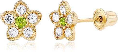 Solid 14K Gold 6mm Flower 1.75mm Natural Birthstone Screwback Stud Earrings For Women | 6mm Flower Earrings | 1.50mm Created White Sapphire Milgrain Flower Screwback Earrings For Women in Saudi Arabia