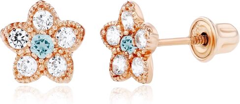 Solid 14K Gold 6mm Flower 1.75mm Natural Birthstone Screwback Stud Earrings For Women | 6mm Flower Earrings | 1.50mm Created White Sapphire Milgrain Flower Screwback Earrings For Women in Saudi Arabia