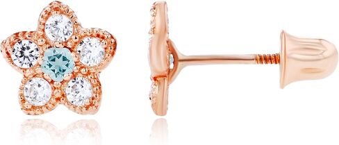 Solid 14K Gold 6mm Flower 1.75mm Natural Birthstone Screwback Stud Earrings For Women | 6mm Flower Earrings | 1.50mm Created White Sapphire Milgrain Flower Screwback Earrings For Women in Saudi Arabia