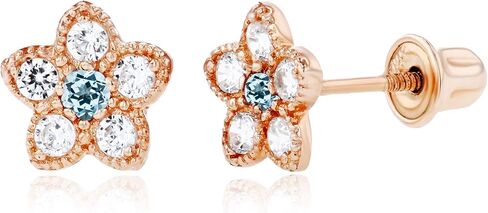 Solid 14K Gold 6mm Flower 1.75mm Natural Birthstone Screwback Stud Earrings For Women | 6mm Flower Earrings | 1.50mm Created White Sapphire Milgrain Flower Screwback Earrings For Women in Saudi Arabia