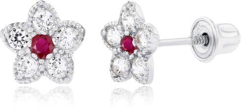 Solid 14K Gold 6mm Flower 1.75mm Natural Birthstone Screwback Stud Earrings For Women | 6mm Flower Earrings | 1.50mm Created White Sapphire Milgrain Flower Screwback Earrings For Women in Saudi Arabia