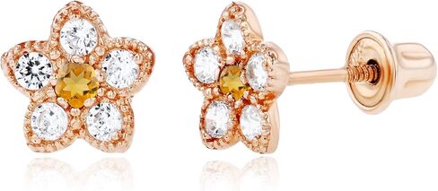 Solid 14K Gold 6mm Flower 1.75mm Natural Birthstone Screwback Stud Earrings For Women | 6mm Flower Earrings | 1.50mm Created White Sapphire Milgrain Flower Screwback Earrings For Women in Saudi Arabia