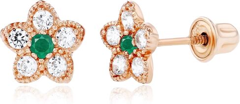 Solid 14K Gold 6mm Flower 1.75mm Natural Birthstone Screwback Stud Earrings For Women | 6mm Flower Earrings | 1.50mm Created White Sapphire Milgrain Flower Screwback Earrings For Women in Saudi Arabia