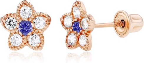 Solid 14K Gold 6mm Flower 1.75mm Natural Birthstone Screwback Stud Earrings For Women | 6mm Flower Earrings | 1.50mm Created White Sapphire Milgrain Flower Screwback Earrings For Women in Saudi Arabia