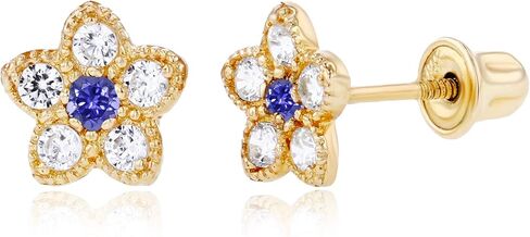 Solid 14K Gold 6mm Flower 1.75mm Natural Birthstone Screwback Stud Earrings For Women | 6mm Flower Earrings | 1.50mm Created White Sapphire Milgrain Flower Screwback Earrings For Women in Saudi Arabia