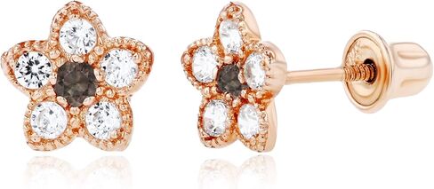 Solid 14K Gold 6mm Flower 1.75mm Natural Birthstone Screwback Stud Earrings For Women | 6mm Flower Earrings | 1.50mm Created White Sapphire Milgrain Flower Screwback Earrings For Women in Saudi Arabia