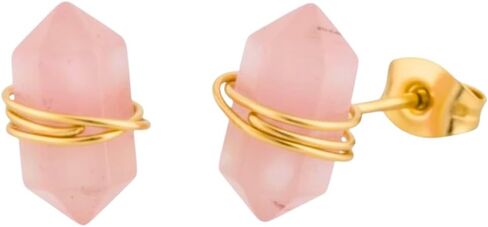Gempires Gemstone Stud Earrings for Women 14K Gold Plated | Natural Crystal Double Point Pencil Wire Wrapped Studs | Healing Stone Jewelry | Unique 12x7mm Dainty Birthstone Earrings in Kuwait