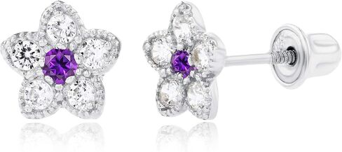 Solid 14K Gold 6mm Flower 1.75mm Natural Birthstone Screwback Stud Earrings For Women | 6mm Flower Earrings | 1.50mm Created White Sapphire Milgrain Flower Screwback Earrings For Women in Saudi Arabia