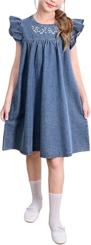 MakeMeChic Girl's Flutter Sleeve Cute Denim Dress Floral Embroidery Crew Neck Short A Line Dresses in Saudi Arabia