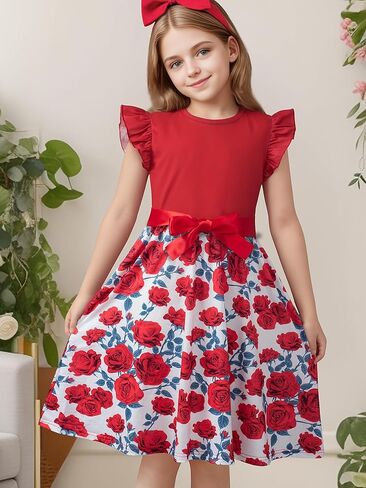 Girls Crew Neck Flutter Sleeve Summer Floral Holiday Party Casua Flowy A-Line Dresses with Belt 10-14 Years in Saudi Arabia