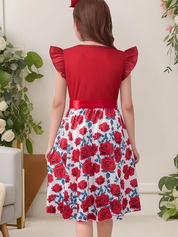 Girls Crew Neck Flutter Sleeve Summer Floral Holiday Party Casua Flowy A-Line Dresses with Belt 10-14 Years in Saudi Arabia