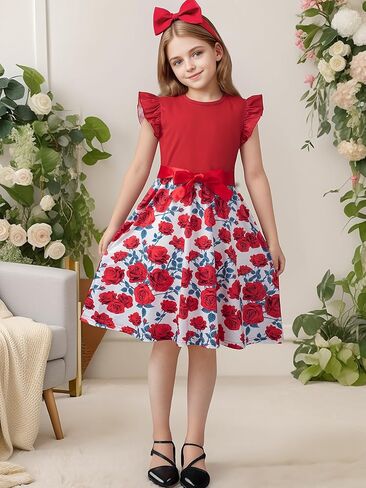 Girls Crew Neck Flutter Sleeve Summer Floral Holiday Party Casua Flowy A-Line Dresses with Belt 10-14 Years in Saudi Arabia