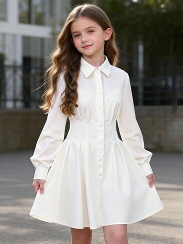 Girls Long Sleeve Shirt Dress, White Polo Collar Button-Down Formal Dress (8-12Y) Base Layer with Vest Jacket Coat in Saudi Arabia