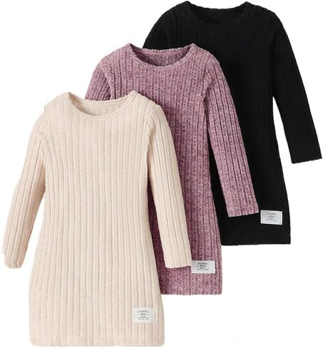Girls Sweater Dresses 3 Packs Long Sleeve Kid Ribbed Knit Casual Dress Pullover Solid Fall Winter Dress for 8-12Y in Kuwait
