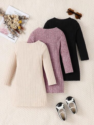 Girls Sweater Dresses 3 Packs Long Sleeve Kid Ribbed Knit Casual Dress Pullover Solid Fall Winter Dress for 8-12Y in Kuwait