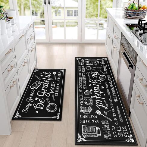 سجاد وحصائر مطبخ المزرعة، طقم مكون من قطعتين للأرضية، سجادة مطبخ وعداء باللون الأسود العتيق غير قابلة للانزلاق، سجادة قابلة للغسل في الغسالة لديكور مدخل المطبخ 17 بوصة × 30 بوصة + 17 بوصة × 47 بوصة in Kuwait