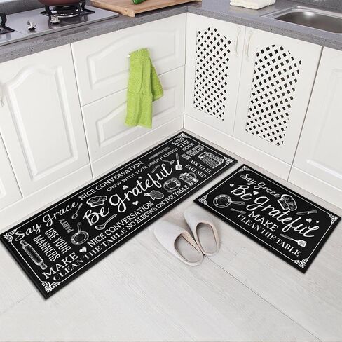 سجاد وحصائر مطبخ المزرعة، طقم مكون من قطعتين للأرضية، سجادة مطبخ وعداء باللون الأسود العتيق غير قابلة للانزلاق، سجادة قابلة للغسل في الغسالة لديكور مدخل المطبخ 17 بوصة × 30 بوصة + 17 بوصة × 47 بوصة in Kuwait