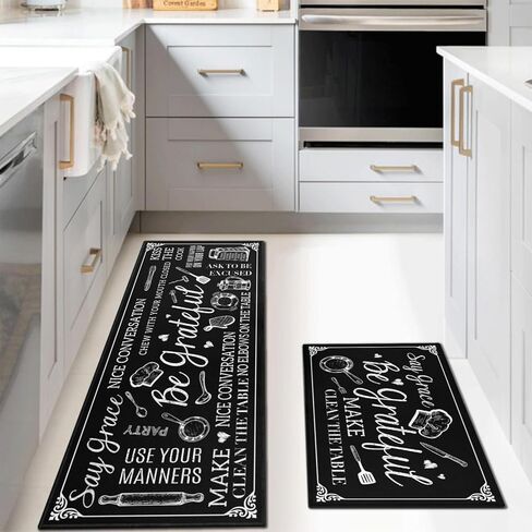 سجاد وحصائر مطبخ المزرعة، طقم مكون من قطعتين للأرضية، سجادة مطبخ وعداء باللون الأسود العتيق غير قابلة للانزلاق، سجادة قابلة للغسل في الغسالة لديكور مدخل المطبخ 17 بوصة × 30 بوصة + 17 بوصة × 47 بوصة in Kuwait