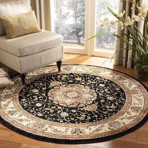 SAFAVIEH Lyndhurst Collection Area Rug - 5'3" Round, Black & Ivory, Traditional Oriental Design, Non-Shedding & Easy Care, Ideal for High Traffic Areas in Living Room, Bedroom (LNH329A) in Saudi Arabia