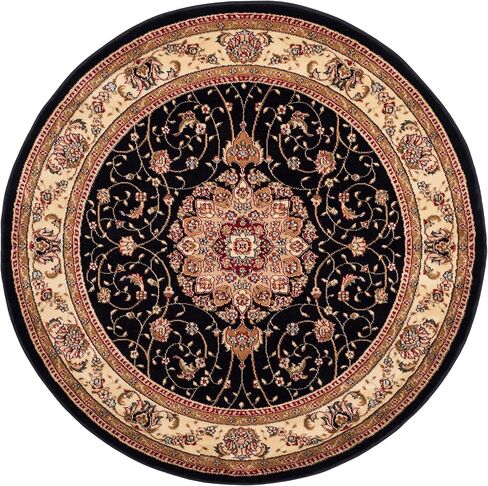 SAFAVIEH Lyndhurst Collection Area Rug - 5'3" Round, Black & Ivory, Traditional Oriental Design, Non-Shedding & Easy Care, Ideal for High Traffic Areas in Living Room, Bedroom (LNH329A) in Saudi Arabia