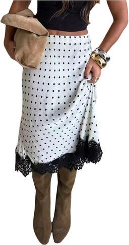تنورة نسائية متوسطة الطول منقطة من الدانتيل من Milumia، تنورة صيفية كاجوال بخصر عالٍ in Kuwait