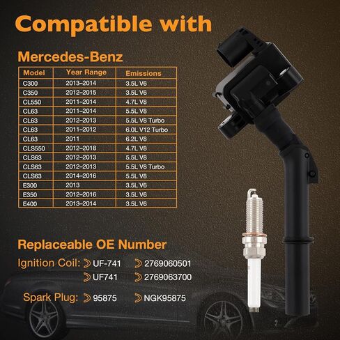 مجموعة من 6 ملف إشعال UF741 وقابس شرارة متوافق مع مرسيدس بنز C300 C350 CL63 E300 E350 E400 GLK350 S600 S63 SLK350(3.5L 5.5L 6.0L) 2011-2016. استبدال UF-741، 2769060501، 2769063700 in Saudi Arabia
