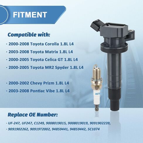 مجموعة من 4 عبوات ملف إشعال UF247 وشمعات إشعال إيريديوم متوافقة مع 1999-2008 تويوتا كورولا، ماتريكس، سيليكا، MR2 سبايدر، شيفروليه بريزم، بونتياك فايب، 1.8 لتر L4، يستبدل 7090 in Saudi Arabia