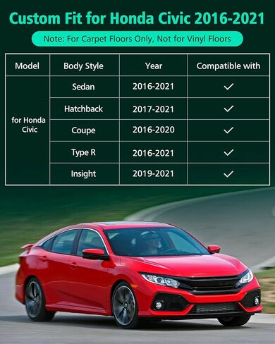 Car Floor Mats for Honda Civic: 2016-2021, All Weather Accessories Rubber Floor Liners Custom Fit for Civic 2016 2017 2018 2019 2020 2021 Sedan/Hatchback/Coupe/Type R/Insight Front Rear Carpet, XPE in Saudi Arabia