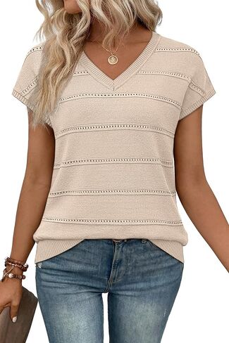 WIHOLL Short Sleeve Sweater for Women V Neck Trendy Summer Tops 2026 Spring Fashion Clothing Business Casual Outfits in Saudi Arabia