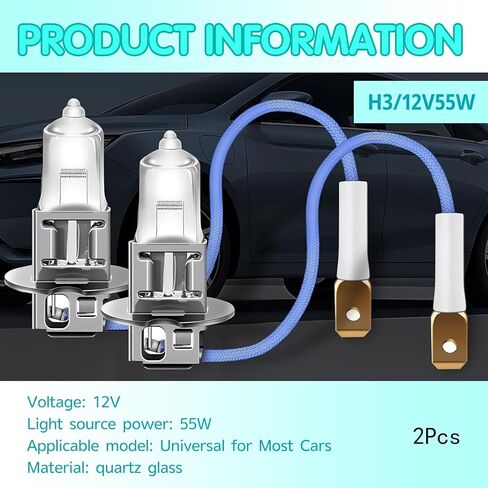2 PCS H3 Halogen Bulb, 12 V Quartz Glass Waterproof High Brightness Light Bulb, No Decoding Plug and Play Energy Saving Indicator Light with Harness Socket, for Most Cars Trucks (White) in Kuwait