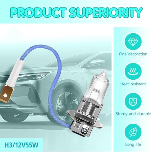 2 PCS H3 Halogen Bulb, 12 V Quartz Glass Waterproof High Brightness Light Bulb, No Decoding Plug and Play Energy Saving Indicator Light with Harness Socket, for Most Cars Trucks (White) in Kuwait