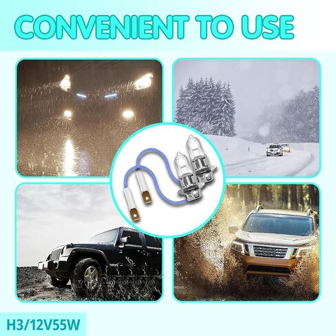 2 PCS H3 Halogen Bulb, 12 V Quartz Glass Waterproof High Brightness Light Bulb, No Decoding Plug and Play Energy Saving Indicator Light with Harness Socket, for Most Cars Trucks (White) in Kuwait