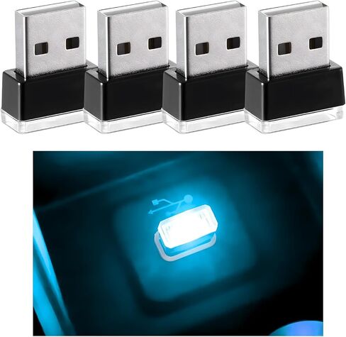 4 PCS USB LED Car Interior Atmosphere Lamp, Mini Night Light Plug-In Trunk Ambient Lighting Kit, Portable USB Interface LED Lamp Interior Decoration for Vehicle Home Office (White+Ice Blue) in Saudi Arabia