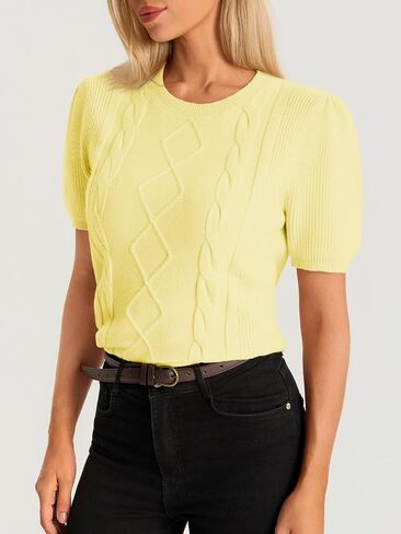 Cicy Bell Womens Puff Short Sleeve Sweater Tops Cable Knit Crew Neck 2026 Spring Shirts Lightweight Dressy Casual Sweaters in Saudi Arabia
