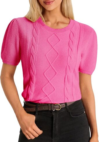 Cicy Bell Womens Puff Short Sleeve Sweater Tops Cable Knit Crew Neck 2026 Spring Shirts Lightweight Dressy Casual Sweaters in Saudi Arabia