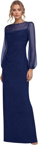 فساتين شيفون لأم العروس بأكمام شبكية ورقبة دائرية فساتين رسمية لضيوف حفل الزفاف فساتين سهرة طويلة مكشكشة in Kuwait