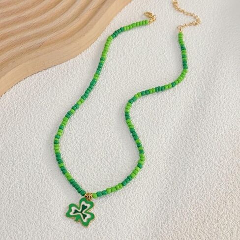 St Patricks Day Necklaces for Women Men St Patrick's Day Green Beaded Necklace Luck Leaf Clover Pendant Choker Necklaces Saint Patricks Day Party Supplies Dressing-up Accessories Party Favors in Saudi Arabia
